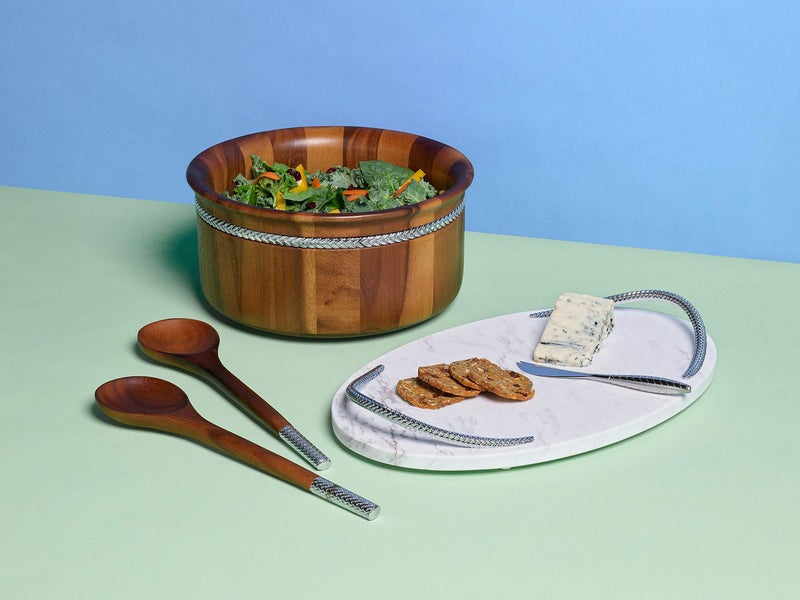 Nambe Braid Round Salad Bowl with Servers - 11â€ Acacia Wood Bowl with Chrome Plated Handles, Decorative Serving Utensil Set for Family Dinners, Parties & Entertaining - Multipurpose Kitchen Essential - Image 3